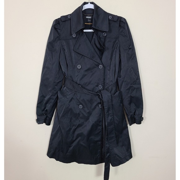 Dkny Jackets & Blazers - DKNY Black Trench Rain Coat S Lined Belted Pleated Casual Streetwear Fleur Noire